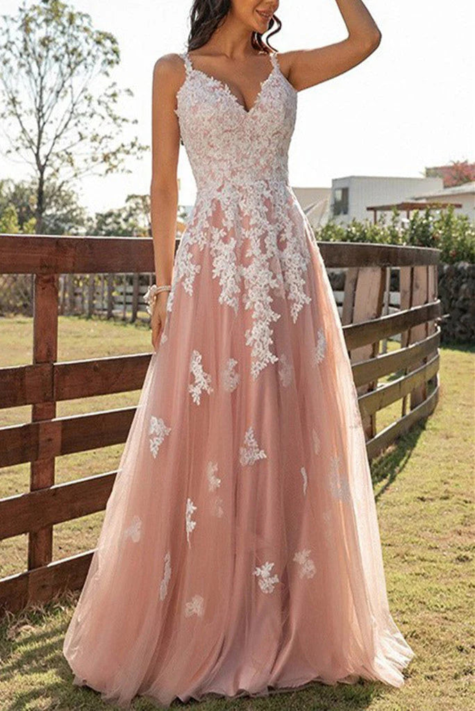 A Line Tulle Straps Applique Tulle Evening Dress
